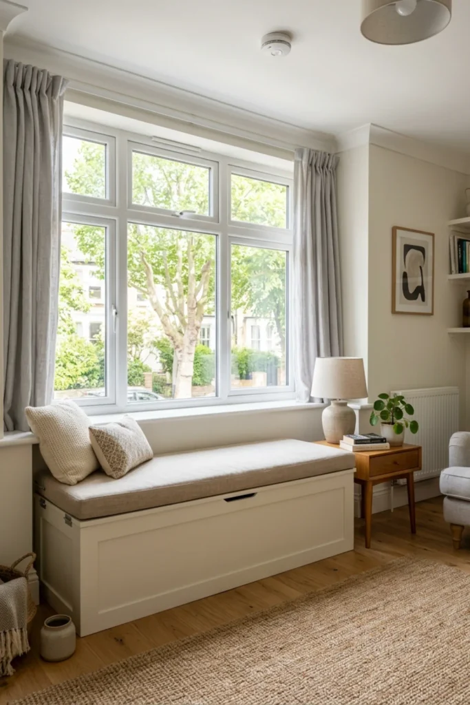 Small apartment window seat with hidden storage underneath