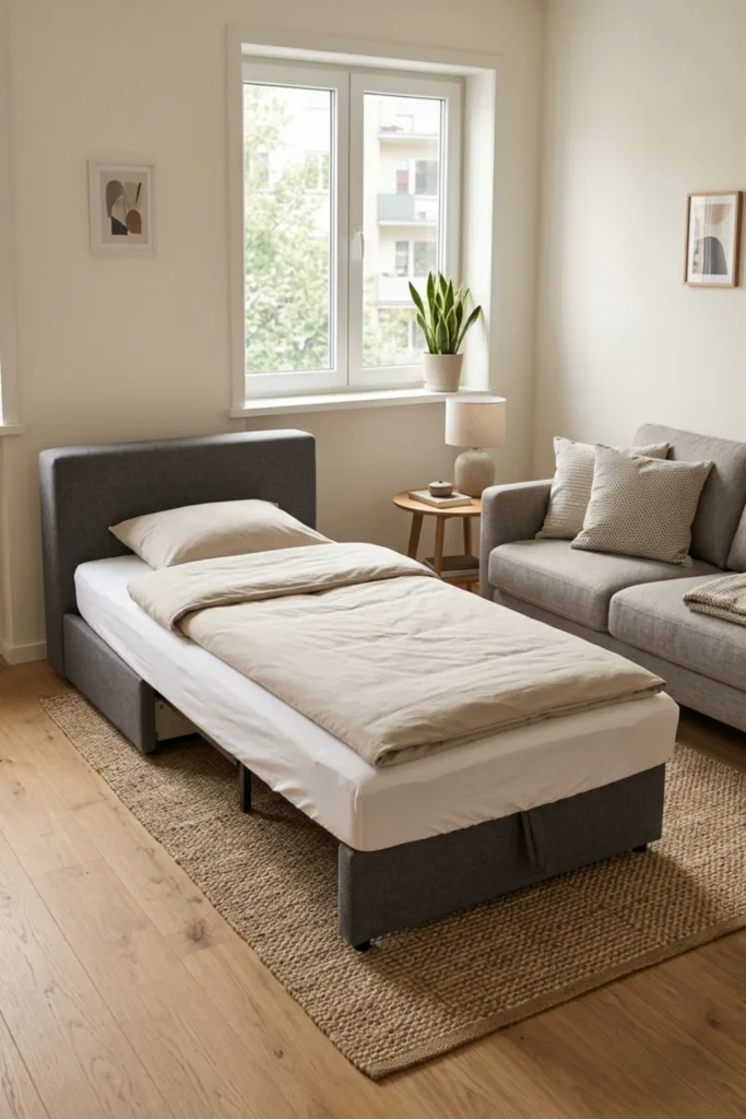 Small apartment with a multifunctional ottoman guest bed