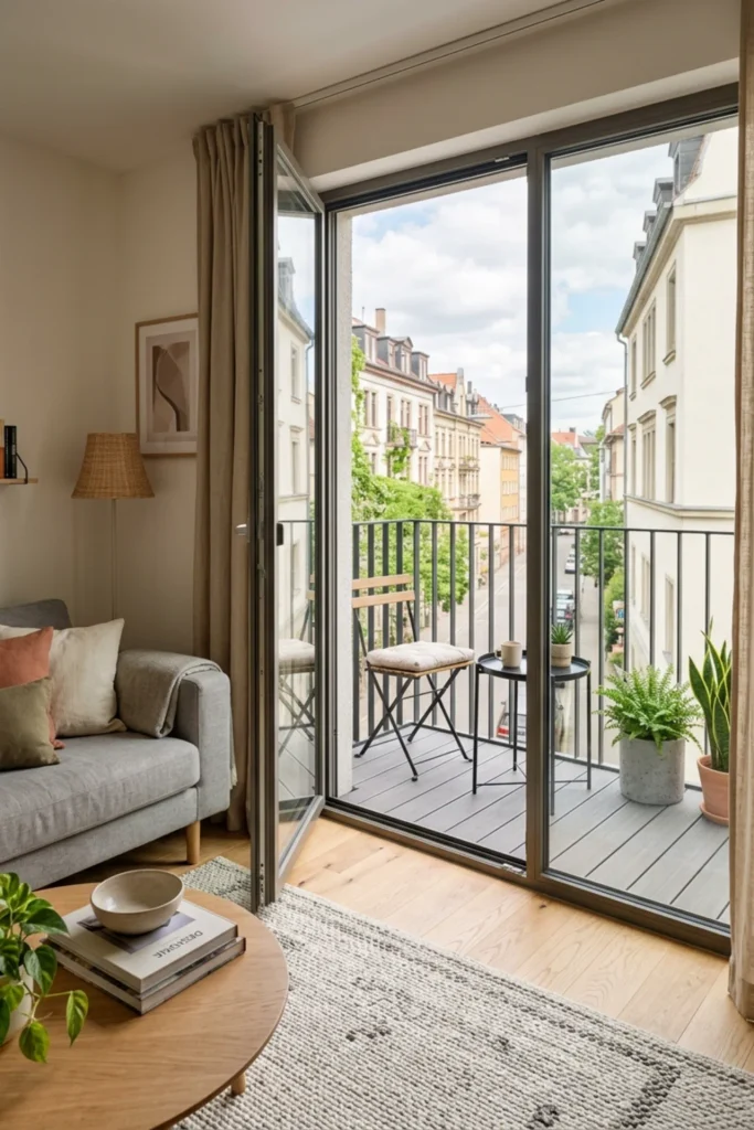 Small apartment using a tiny balcony as an extra visual room