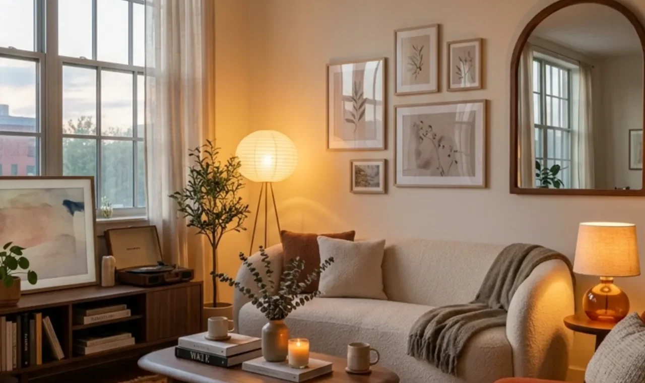 Vibey apartment living room with colorful accents, curves and warm layered lighting