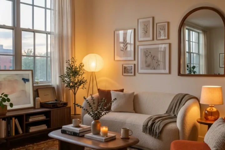 Vibey apartment living room with colorful accents, curves and warm layered lighting