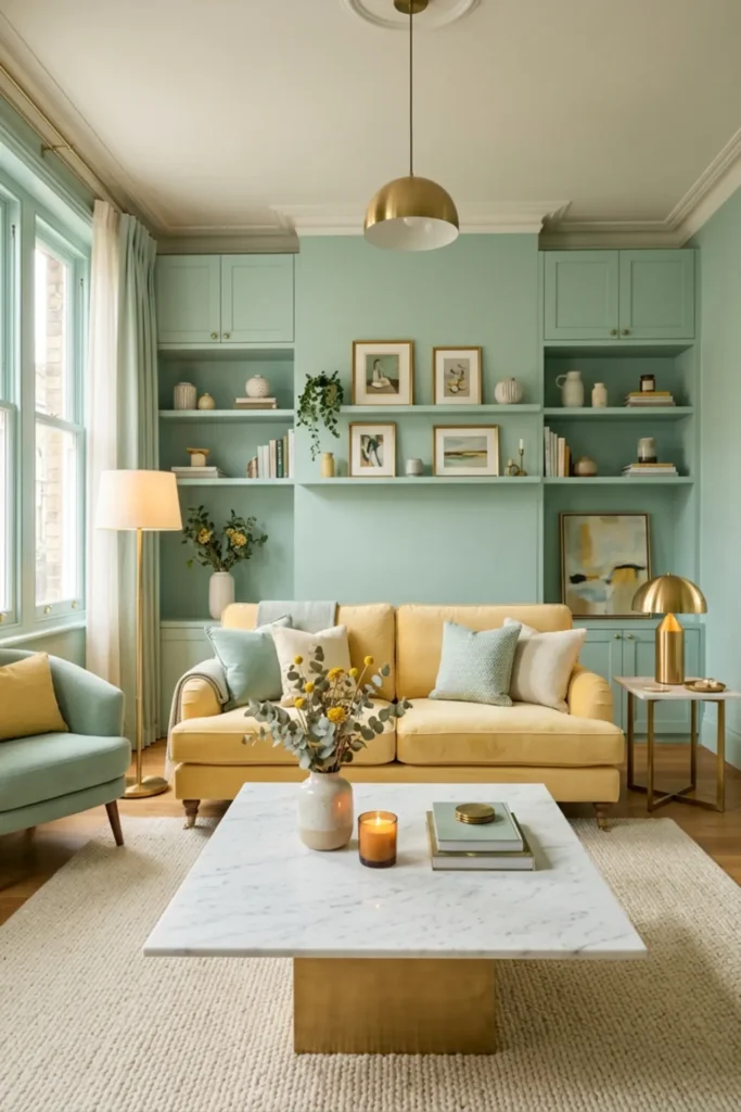 Yellow and mint living room with warm brass details