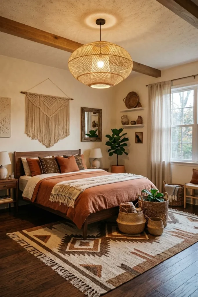 Afrohemian bedroom warmed by a woven pendant light