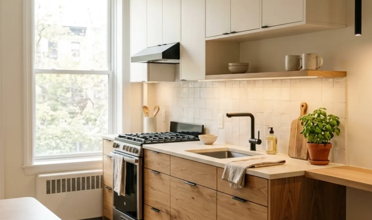 Small white oak and black kitchen with cream counters and warm modern lighting