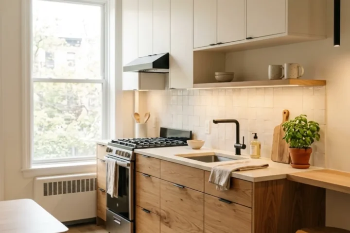 Small white oak and black kitchen with cream counters and warm modern lighting