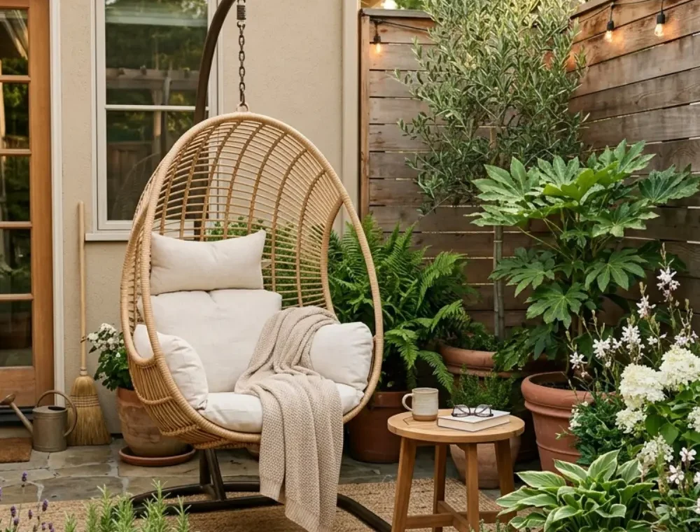 Cozy patio garden with a hanging chair, layered planters and warm outdoor lighting