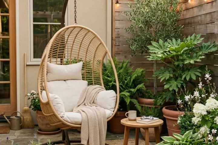 Cozy patio garden with a hanging chair, layered planters and warm outdoor lighting